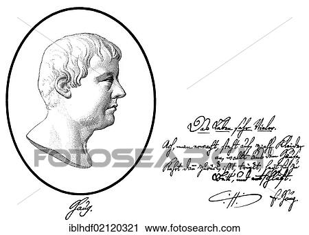 Stock Image - Historic print, portrait and historical manuscript of Johann Christoph Haug, 1761-1829, German song and epigram writer, poet, from Bildatlas zur Geschichte der Deutschen Nationalliteratur by Gustav Koennecke, picture atlas, 1887. Fotosearch
