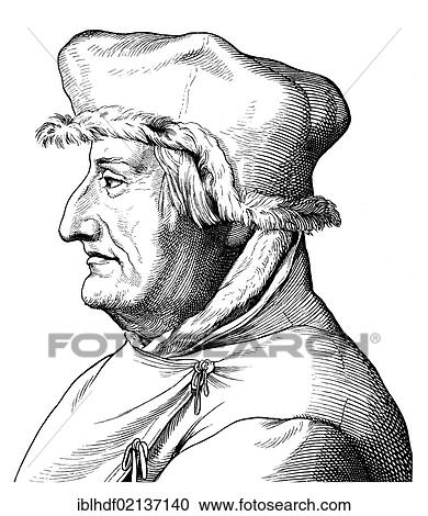Stock Image - Historical drawing from the 19th century, portrait of Nikolaus Kopernikus or Nicolaus Copernicus, 1473 - 1543, canon of the cathedral of Frauenburg, lawyer, doctor, mathematician and astronomer. Fotosearch
