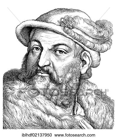 Stock Image - Historical drawing from the 19th Century, portrait of Joachim II Hector, 1505 - 1571, Elector of Brandenburg. Fotosearch