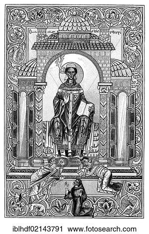 Stock Image - Historical drawing from the 19th Century, Gregory the Great or Gregorius or Pope Gregory I, 540-604, sending missionaries to England, Anglo-Saxon manuscript from the 10th Century. Fotosearch