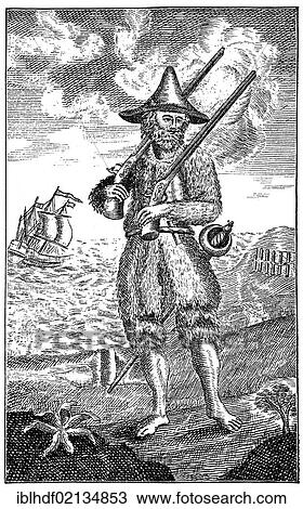 Historical engraving from 18th Century, copper engraving, 1744, cover illustration of the novel Robinson Crusoe by Daniel Defoe, 1661-1731, English tradesman, writer and journalist View Large Photo Image Stock Image - Historical engraving from 18th Century, copper engraving, 1744, cover illustration of the novel Robinson Crusoe by Daniel Defoe, 1661-1731, English tradesman, writer and journalist. Fotosearch