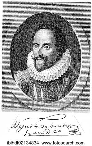 Historical engraving from 19th Century, portrait of Miguel de Cervantes Saavedra, 1547-1616, Spanish writer View Large Photo Image Picture - Historical engraving from 19th Century, portrait of Miguel de Cervantes Saavedra, 1547-1616, Spanish writer. Fotosearch