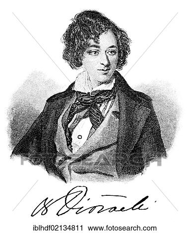 Stock Image - Historical engraving from 19th Century, portrait of Benjamin Disraeli, 1st Earl of Beaconsfield, 1804-1881, British statesman and novelist. Fotosearch