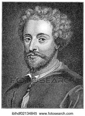 Stock Photography - Historical engraving from 19th Century, portrait of John Fletcher, 1579-1625, English playwright. Fotosearch