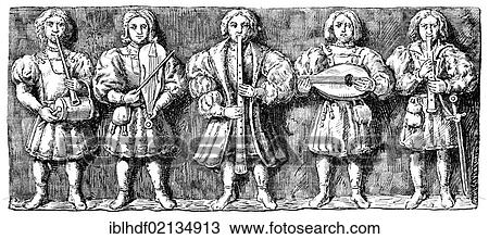 Stock Image - Historical engraving from the 19th Century, depiction of minstrels or troubadours, medieval European bards, St. Mary's Church in Beverley, England. Fotosearch