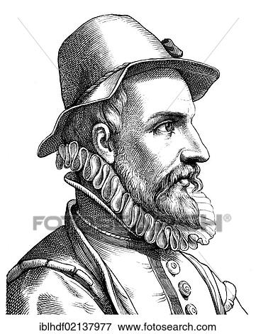 Stock Photo - Historical engraving from the 19th Century, portrait of Johann Fischart, 1550-1591, German poet and writer. Fotosearch