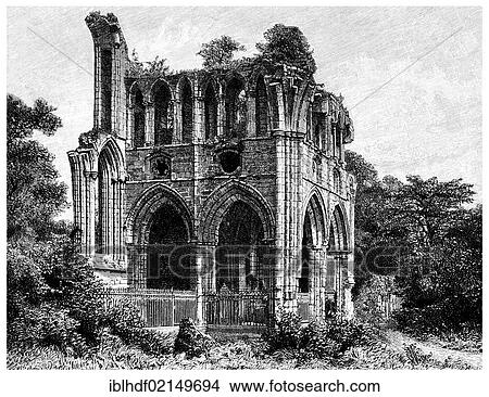 Picture - Historical illustration from the 19th Century, Druburgh Abbey in Scotland with the grave of Sir Walter Scott, 1st Baronet of Abbotsford, 1771 - 1832, Scottish poet and writer. Fotosearch
