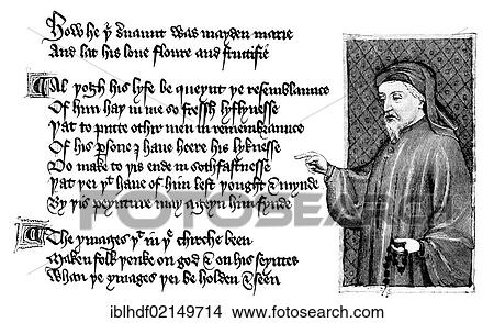 Picture - Historical illustration from the 19th Century, portrait of Geoffrey Chaucer, ca. 1343 - 1400, by Thomas Hoccleve or Occleve, ca. 1368-1426, The Regiment of Princes, 1412. Fotosearch