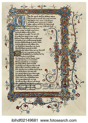 Historical illustration from the 19th century, the beginning of the Canterbury Tales by Geoffrey Chaucer, Ellesmere Manuscript, 15th Century View Large Photo Image Stock Image - Historical illustration from the 19th century, the beginning of the Canterbury Tales by Geoffrey Chaucer, Ellesmere Manuscript, 15th Century. Fotosearch