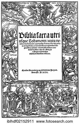 Stock Image - Historical illustration from the 19th Century, title page of a Latin Bible, 1530. Fotosearch