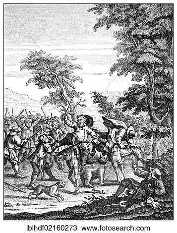 Stock Image - Historical illustration from the 19th Century, illustration from 1726 by William Hogarth, 1697 - 1764, a socially critical English painter and graphic artist, to Hudibras by Samuel Butler, 1612 - 1680, an English poet. Fotosearch