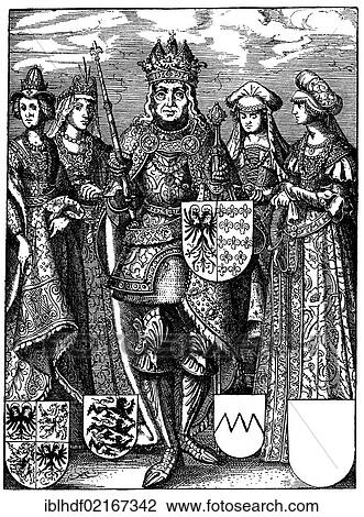 Stock Image - Historical illustration from the 19th Century, Charles the Great, Carolus Magnus or Charlemagne, 747 - 814, King of the Frankish Empire and Roman Emperor, with his 4 wives. Fotosearch