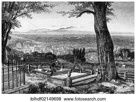 Stock Photo - Historical illustration from the 19th Century, the churchyard cemetary of Harrow in England, based on a novella by George Gordon Noel Byron, 6th Baron Byron of Rochdale, a British poet, 1788 - 1824. Fotosearch