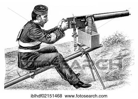 Stock Photo - Historical illustration from the 19th Century, depiction of a French machine gun. Fotosearch
