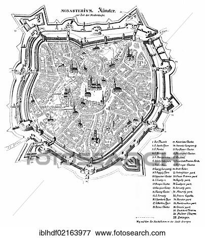 Stock Photo - Historical illustration from the 19th Century, map of Muenster in the 16th Century at the time of the Anabaptists, Muenster, Germany, Europe. Fotosearch