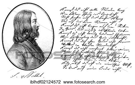 Historical manuscript, 1835, and portrait of Friedrich von Sallet, 1812 - 1843, a German writer, from Bildatlas zur Geschichte der Deutschen Nationalliteratur, Illustrated Atlas of the History of German National Literature, by Gustav Koennecke, 1887 View Large Photo Image Stock Image - Historical manuscript, 1835, and portrait of Friedrich von Sallet, 1812 - 1843, a German writer, from Bildatlas zur Geschichte der Deutschen Nationalliteratur, Illustrated Atlas of the History of German National Literature, by Gustav Koennecke, 1887. Fotosearch