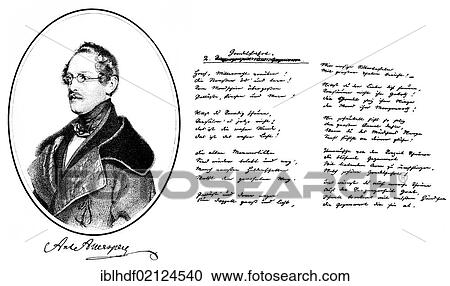 Stock Image - Historical print, 1842, historical manuscript and portrait of Anastasius Gruen or Anton Alexander Graf von Auersperg, 1806 - 1876, a German politician and political poet, from Bildatlas zur Geschichte der Deutschen Nationalliteratur, Illustrated Atlas.... Fotosearch