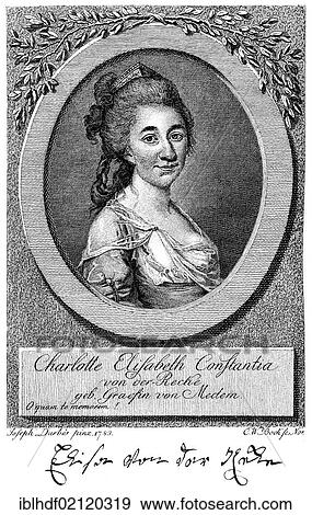 Stock Photo - Historical print, engraving, 1789, portrait of Elizabeth Charlotte Constanzia von der Recke, 1754-1833, a Baltic-German poet, writer and creator of hymns, from Bildatlas zur Geschichte der Deutschen Nationalliteratur by Gustav Koennecke, picture.... Fotosearch