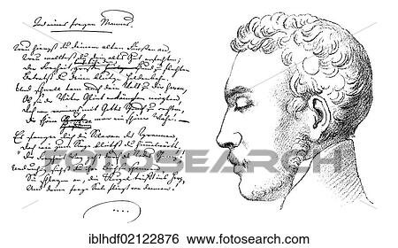 Historical print, engraving, 1813, historical manuscript and portrait of Carl Theodor Koerner, 1791-1813, German poet and playwright, from Bildatlas zur Geschichte der Deutschen Nationalliteratur, von Gustav Koennecke, picture atlas, 1887 View Large Photo Image Stock Photograph - Historical print, engraving, 1813, historical manuscript and portrait of Carl Theodor Koerner, 1791-1813, German poet and playwright, from Bildatlas zur Geschichte der Deutschen Nationalliteratur, von Gustav Koennecke, picture atlas, 1887. Fotosearch