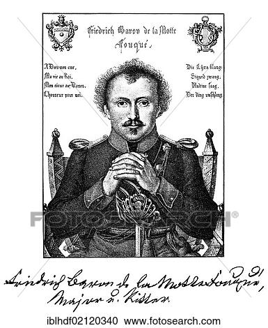 Stock Image - Historical print, engraving, 1818, portrait of Friedrich Heinrich Karl La Motte-Fouqué, 1777-1843, German poet, from Bildatlas zur Geschichte der Deutschen Nationalliteratur by Gustav Koennecke, picture atlas, 1887. Fotosearch