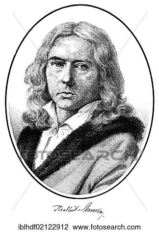 Stock Image - Historical print, engraving, portrait of Adelberg von Chamisso or Louis Charles Adélaïde de Chamissot de Boncourt, 1781-1838, German naturalist and poet of French origin, from Bildatlas zur Geschichte der Deutschen Nationalliteratur, von Gustav.... Fotosearch