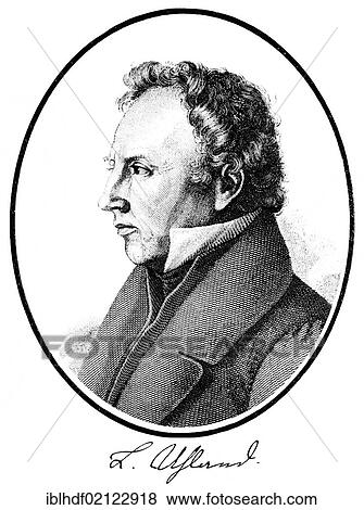 Stock Photo - Historical print, engraving, portrait of Johann Ludwig Louis Uhland, 1787-1862, German poet, literary scholar, lawyer and politician, from Bildatlas zur Geschichte der Deutschen Nationalliteratur, von Gustav Koennecke, picture atlas, 1887. Fotosearch