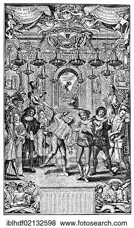 Historical print from the 17th Century, depiction of Italian actors in a performance at the Hotel Bourgogne in Paris, France, woodcut from 1689, Europe View Large Photo Image Stock Photo - Historical print from the 17th Century, depiction of Italian actors in a performance at the Hotel Bourgogne in Paris, France, woodcut from 1689, Europe. Fotosearch