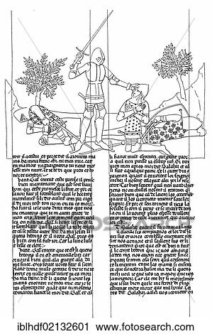 Stock Image - Historical print from the 19th Century, page with a manuscript from the novel Lancelot du Lac, 14th Century. Fotosearch