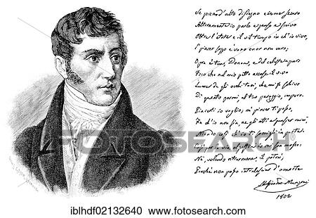 Stock Image - Historical print from the 19th Century, portrait and manuscript of Alessandro Francesco Tommaso Manzoni, 1785 - 1873, an Italian poet and writer. Fotosearch