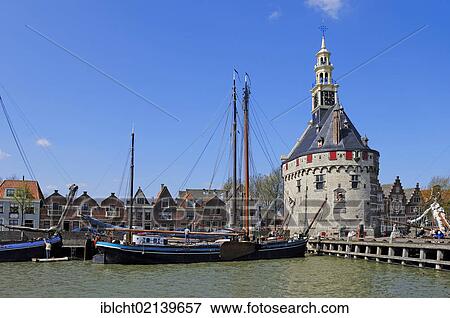 Stock Photo - Hoofdtoren tower and ships in the harbour, Hoorn, North Holland, Holland, Netherlands, Europe. Fotosearch