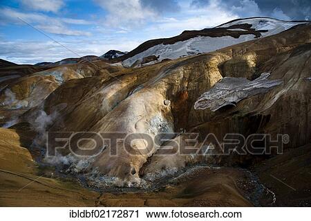 Stock Image - Hot springs and Rhyolite Mountains, Kerlingarfjoell, Highlands, Iceland, Europe. Fotosearch