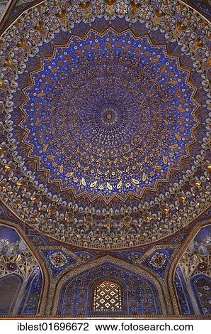 Stock Image - Interior of the cupola at Tilya Kori Madrasah, Registan Square in Samarkand, Unesco World Heritage Site, Silk Road, Uzbekistan, Central Asia, Asia. Fotosearch