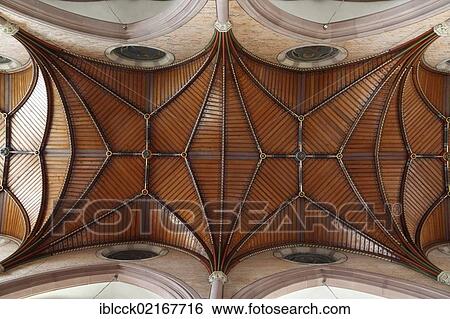 Stock Photograph - Interior view, Marienkirche, St. Mary's Church, wooden ceiling above the nave, Bad Mergentheim an der Tauber, Taubertal Valley, Hohenlohe district, Baden-Wuerttemberg, Germany, Europe. Fotosearch