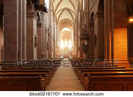 Stock Photo - Interior view, nave of the Romanesque Cathedral of St. Peter, Worms Cathedral, Worms, Rhineland-Palatinate, Germany, Europe. Fotosearch