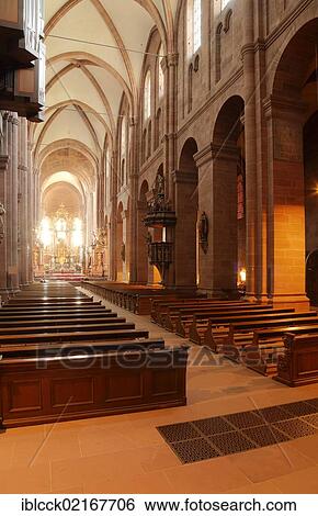 Stock Photograph - Interior view, nave of the Romanesque Cathedral of St. Peter, Worms Cathedral, Worms, Rhineland-Palatinate, Germany, Europe. Fotosearch