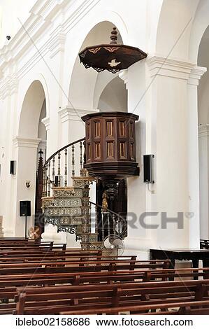 Stock Photograph - Interior view, Parroquial Mayor or Santisima Trinidad Church, pulpit, Trinidad, UNESCO World Heritage Site, Province of Sancti Spiritus, Cuba, Greater Antilles, Caribbean, Central America, America, North America. Fotosearch