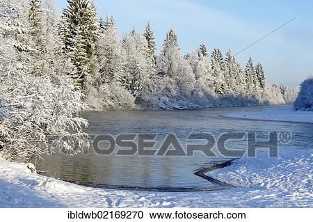 Stock Image - Isar river in winter, near Wolfratshausen, Upper Bavaria, Bavaria, Germany, Europe. Fotosearch
