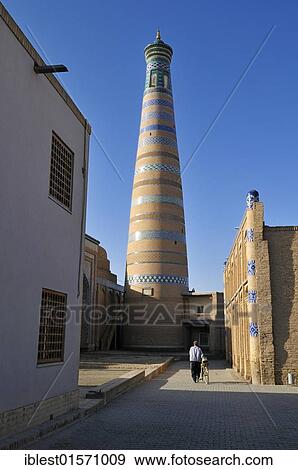 Islam Khodja or Islom Xoja Minaret in the historic adobe town of Khiva, Chiva, Ichan Kala, Silk Road, Unesco World Heritage Site, Uzbekistan, Central Asia, Asia View Large Photo Image Stock Photo - Islam Khodja or Islom Xoja Minaret in the historic adobe town of Khiva, Chiva, Ichan Kala, Silk Road, Unesco World Heritage Site, Uzbekistan, Central Asia, Asia. Fotosearch