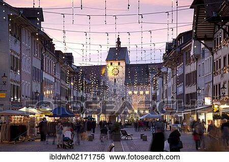 Stock Photograph - Kaiserstrasse pedestrian zone with Christmas decorations, Unteres Tor Gate, Basel Gate, Waldshut, Waldshut-Tiengen, High Rhine District, Black Forest, Baden-Wuerttemberg, Germany, Europe, PublicGround, Europe. Fotosearch