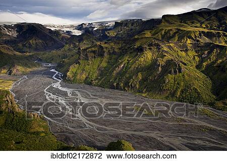Krossá River in the Þórsmoerk Valley, Thorsmoerk, Mýrdalsjoekull Glacier at the rear, Suðurland, Sudurland, Southern Iceland, Iceland, Europe View Large Photo Image Stock Image - Krossá River in the Þórsmoerk Valley, Thorsmoerk, Mýrdalsjoekull Glacier at the rear, Suðurland, Sudurland, Southern Iceland, Iceland, Europe. Fotosearch