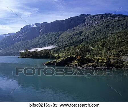 Stock Photography - Landscape at Lake Lovatnet near Olden, Sogn og Fjordane, Norway, Scandinavia, Europe. Fotosearch
