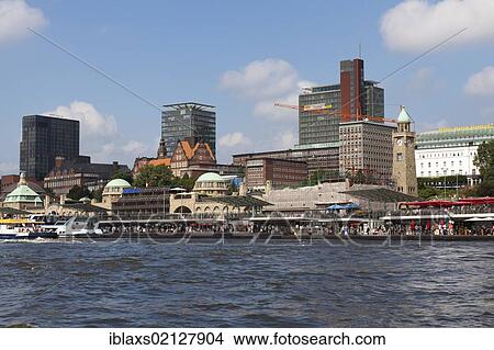 Picture - Landungsbruecken, St. Pauli Landing Bridges, in the Port of Hamburg as seen from the Elbe River, Hamburg, Germany, Europe. Fotosearch