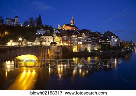 Stock Photo - Laufenburg at night, Waldshut district, High Rhine, Black Forest, Baden-Wuerttemberg, Germany, Europe, PublicGround, Europe. Fotosearch
