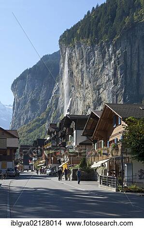 Lauterbrunnen with the Staubach Falls, Lauterbrunnental valley, Bernese Oberland, Switzerland, Europe View Large Photo Image Picture - Lauterbrunnen with the Staubach Falls, Lauterbrunnental valley, Bernese Oberland, Switzerland, Europe. Fotosearch