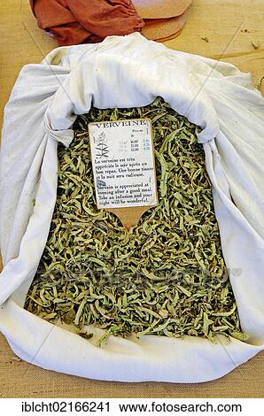 Stock Image - Lemon Verbena, dried leaves on a market stall, Sault, Vaucluse, Provence-Alpes-Cote d'Azur, Southern France, France, Europe, PublicGround, Europe. Fotosearch