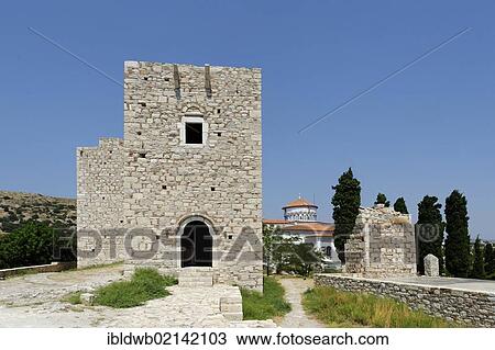 Stock Image - Logothetis Castle with Metamorphosis Church in the port city of Pythagorio, Samos Island, Aegean Sea, southern Sporades islands, Greece, Europe. Fotosearch