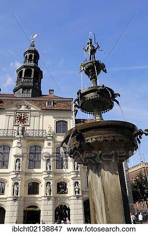 Stock Photo - Luna Fountain in front of the Town Hall, Lueneburg, Lower Saxony, Germany, Europe. Fotosearch