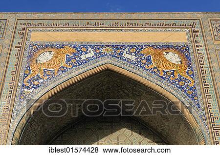 Stock Photo - Main Ivan, Ayvon of Sher Dor Madrasah, Registan Square in Samarkand, Unesco World Heritage Site, Silk Road, Uzbekistan, Central Asia, Asia. Fotosearch