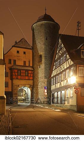 Stock Image - Main street with city gate, Langenburg, Hohenlohe district, Baden-Wuerttemberg, Germany, Europe. Fotosearch