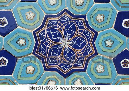 Stock Photograph - Maiolica tile decoration at Shah-i-Zinda, Shahizinda Necropolis, Samarkand, Silk Road, Uzbekistan, Central Asia, Asia. Fotosearch